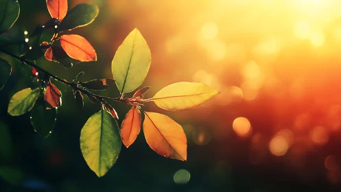 Backlit foliage branch under warm bokeh diffusion field.