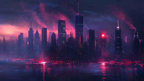 Neon dusk skyline smolders above a mirror-dark harbor.