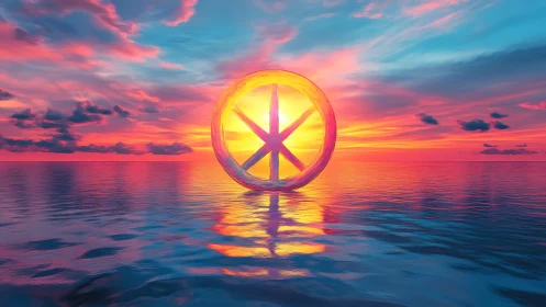 Circular translucent symbol intersects horizon over calm sea