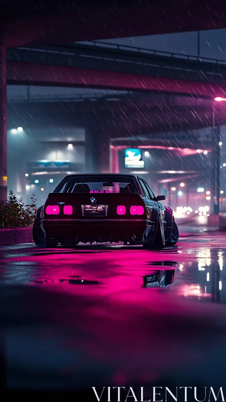 Neon-soaked drift car idles beneath rainlit city overpass.