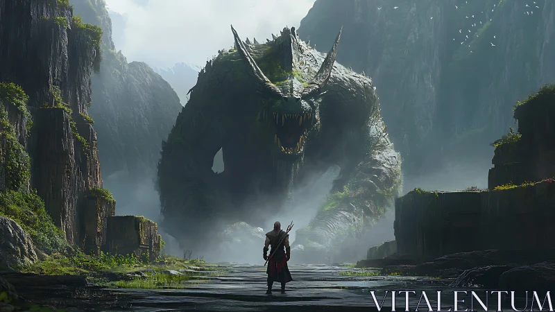 Armored horned colossus confronting lone warrior in misted gorge