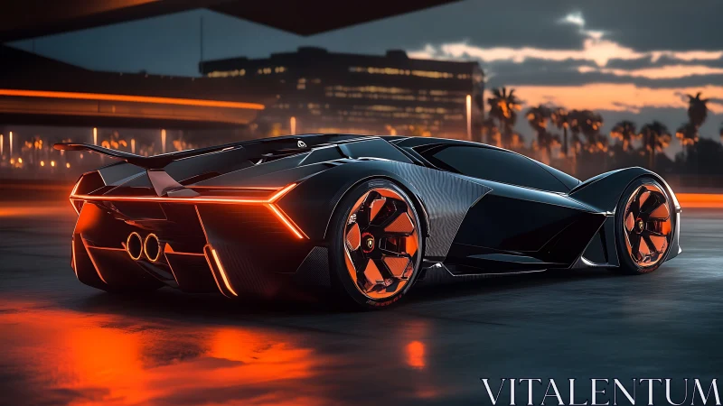 Sunset streets glow with a sleek neon-lit future car.