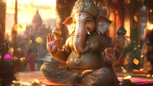 Radiant Ganesha idol in golden temple light, ornate 3D render.