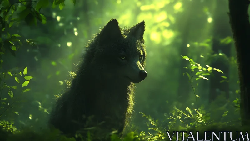 Wolf rendered in green forest light with diffuse foliage glow.