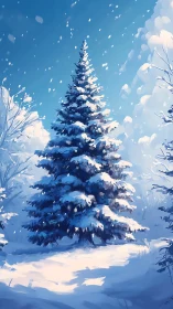 Snow laden spruce rendered in luminous winter digital painting