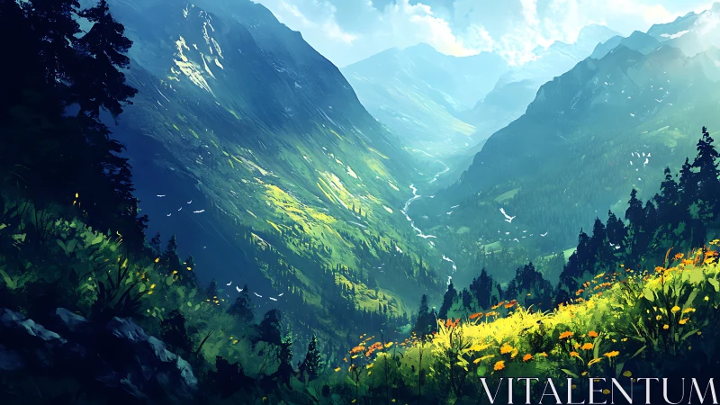 Sunlit alpine valley with wildflower meadow and distant peaks.