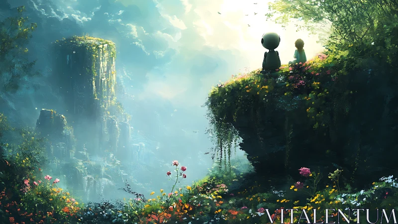 Children gaze over misty fantasy valley from flowered cliff