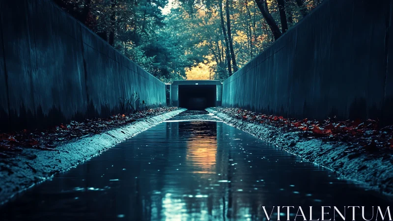 Moody drainage tunnel reflects autumn forest glow at dusk.