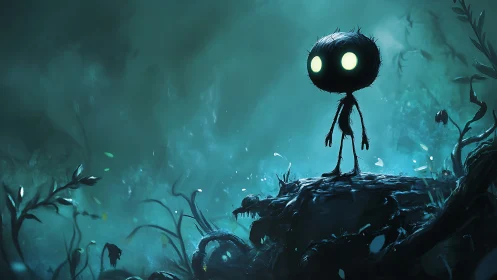 Glowing eyed forest wanderer in a misty teal dreamscape.