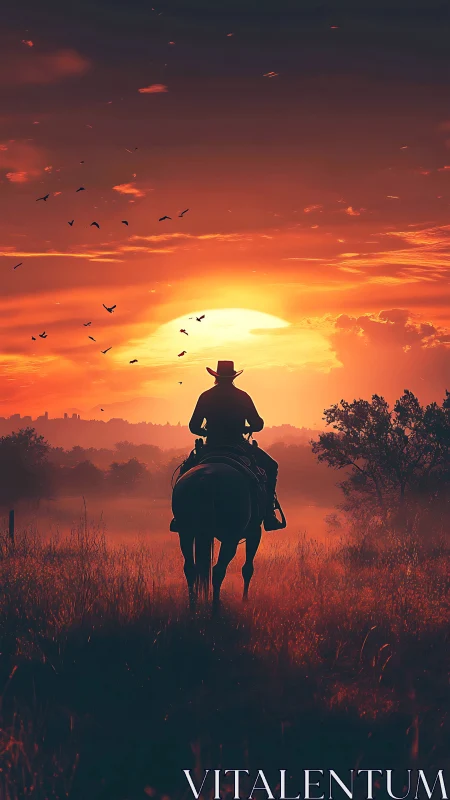 Digital painting of lone rider crossing a backlit sunset field.