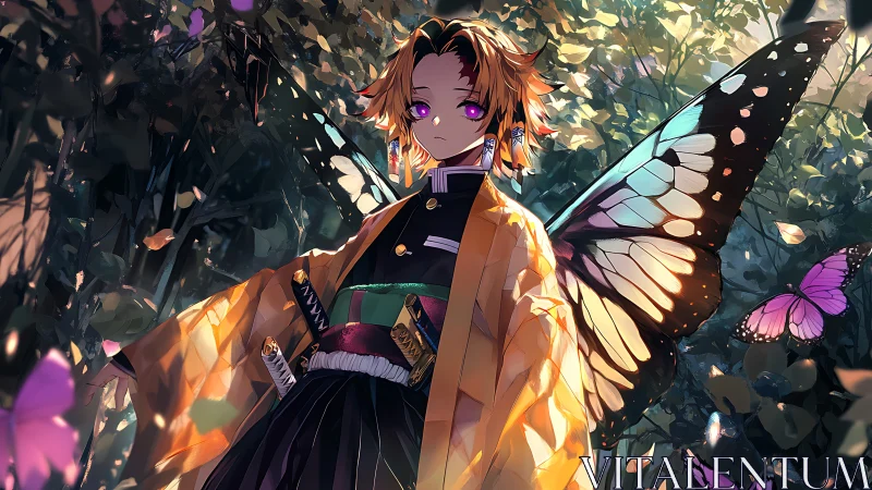 Butterfly-winged character stands in dappled forest light