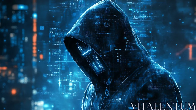 Cyberpunk hooded hacker silhouette with luminous data grid.