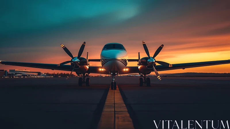 Twin-engine propeller aircraft rests under vivid sunset sky.