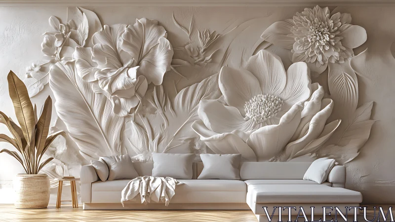 Sculpted blossom wall embracing a calm creamy lounge dream.