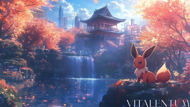 Digital painting of autumn shrine garden with urban skyline contrast.