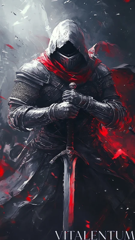 Hooded armored figure with sword in red and gray environment.