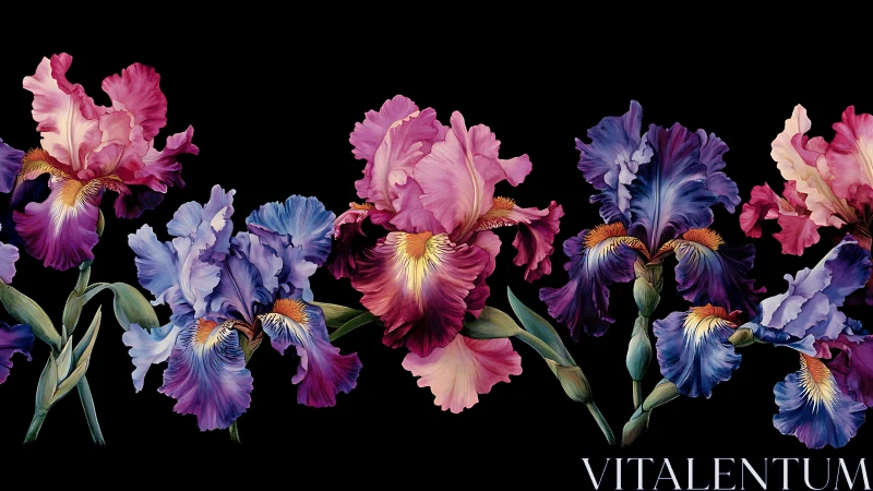 Photorealistic Iris Flowers in Chromatic Gradient Array Against Black Background
