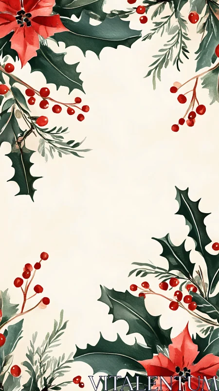 Watercolor holly leaves, red berries, and poinsettia border.