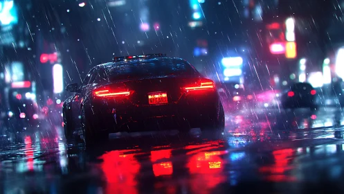 Sleek sports car in neon city rain with vivid reflections.
