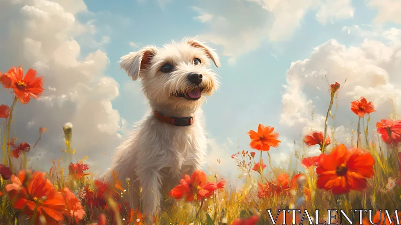 Canine subject in luminant poppy field atmospheric rendering.