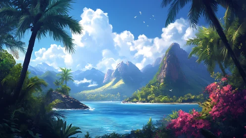 Tropical Paradise Lagoon Framed by Volcanic Peaks