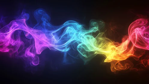 Vibrant multicolor smoke waves on dark abstract background.