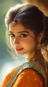 Radiant young woman glows in golden traditional attire