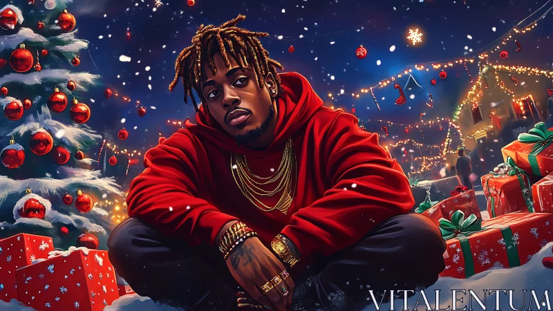 Holiday street portrait under glowing Christmas lights.