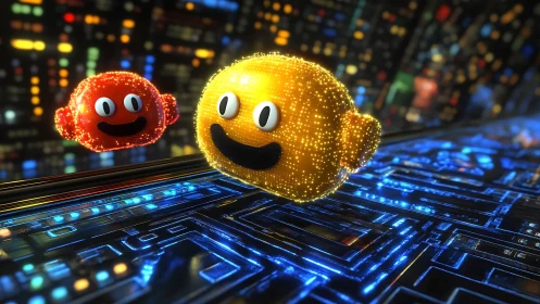 Glowing voxel smiley orbs race through neon circuit city.