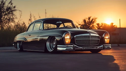 Sunset cruise with a sleek classic car shining bright.