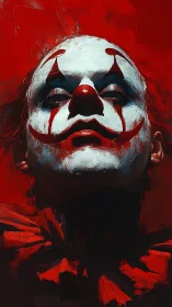 Sinister clown portrait drenched in visceral crimson light.
