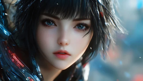 Cyberpunk portrait of armored girl with luminous bokeh focus.