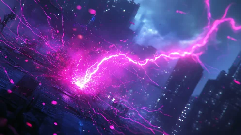 Electric pink storm energy crackles across neon city night