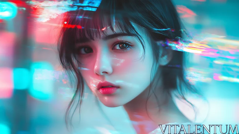Digital portrait shows young woman in neon cyberpunk light