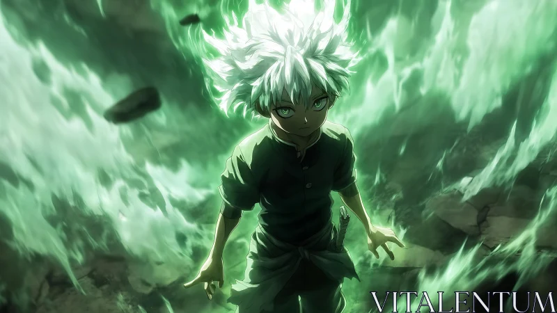 Emergent silver haired hero within swirling green energy field.