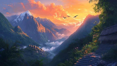 Sunlit mountain valley with terraces and distant peaks.