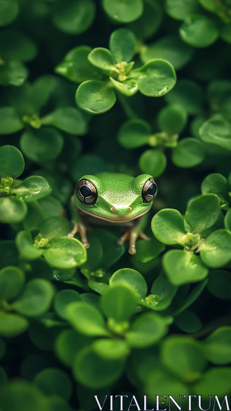 Green tree frog resting among dense glossy leaves.