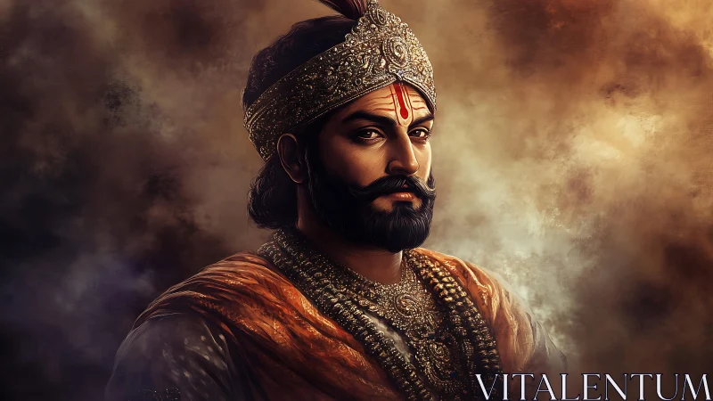 Regal warrior portrait with ornate crown, textiles and diffuse haze