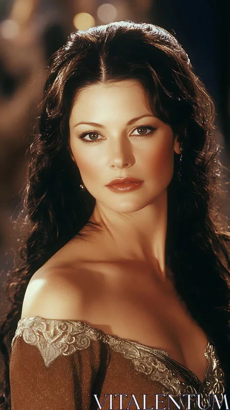 Cinematic close‑up portrait of woman in ornate brown gown