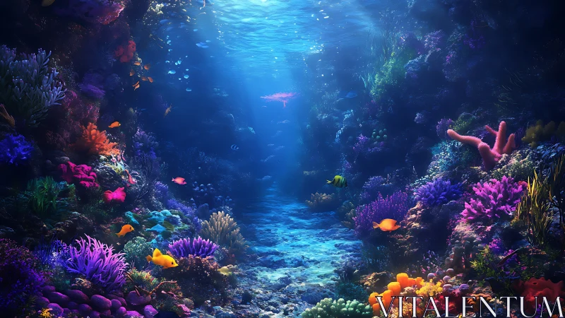 Radiant coral canyon with volumetric caustics and dense fish life