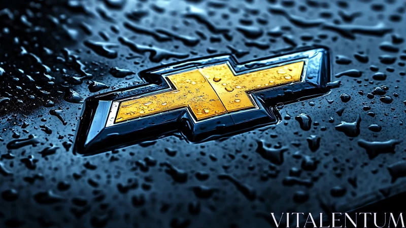 Chevrolet bowtie badge on wet car surface in close detail.