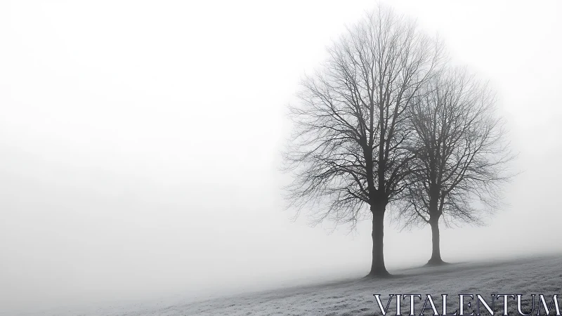 Two bare winter trees emerge sharply from dense atmospheric fog