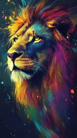 Majestic neon lion gazes upward in vivid cosmic colors.