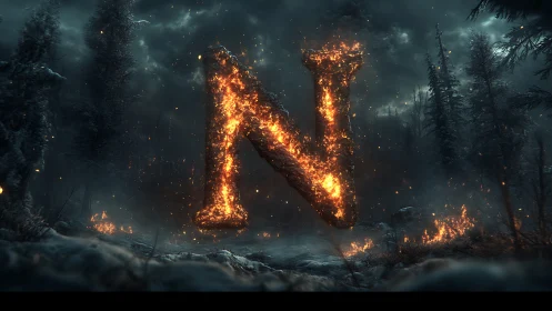 Incandescent Letter N in Post-Apocalyptic Forest Setting with Dynamic Particle Effects