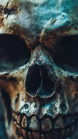 Weathered human skull close-up shows erosion and decay