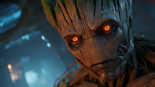 Gentle tree guardian with glowing ember eyes leans close.