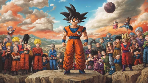 Heroic anime fighter stands proud among loyal friends.