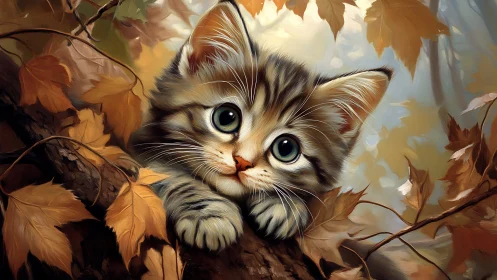Wide-Eyed Kitten Nestled in Autumn's Golden Embrace.