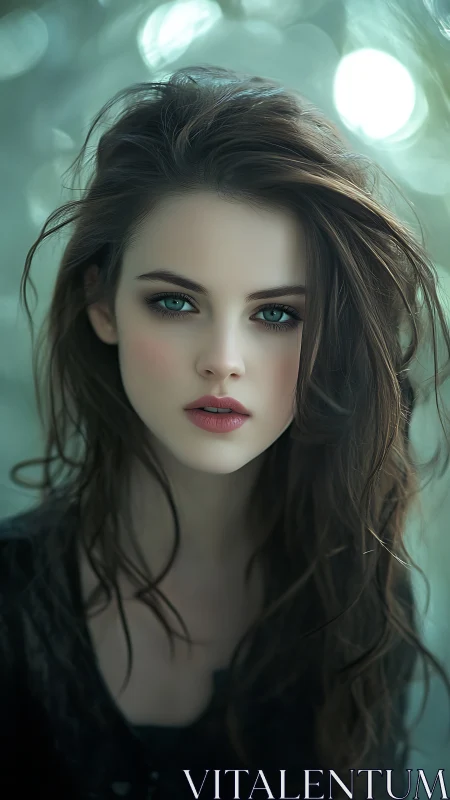 Striking digital portrait of young woman with teal eyes.