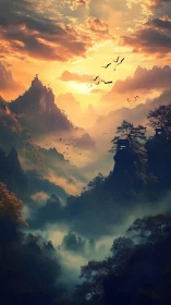 Sunlit mist flows through fantasy mountain valley at dawn